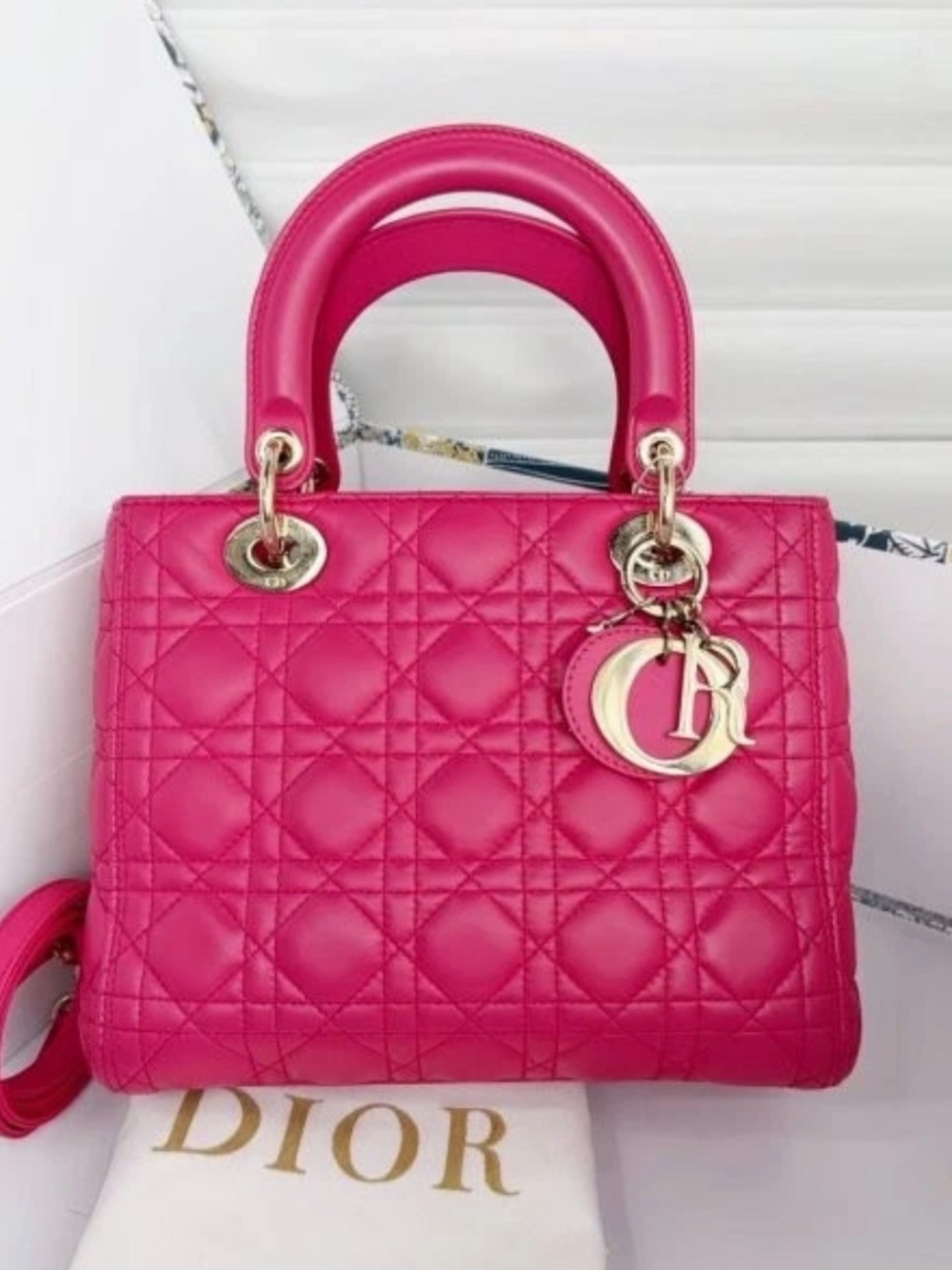 Dior Hot Pink Quilted Lady Satchel with Gold Hardware